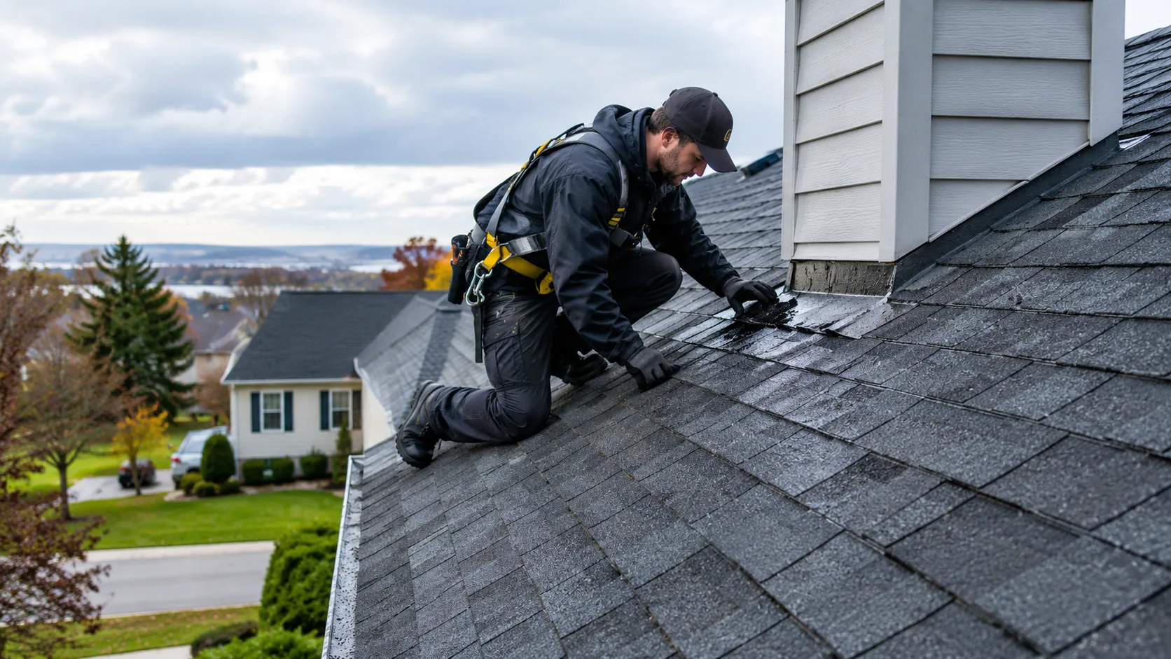 Realistic roofer inspecting wet asphalt shingles and roof flashing on a residential roof